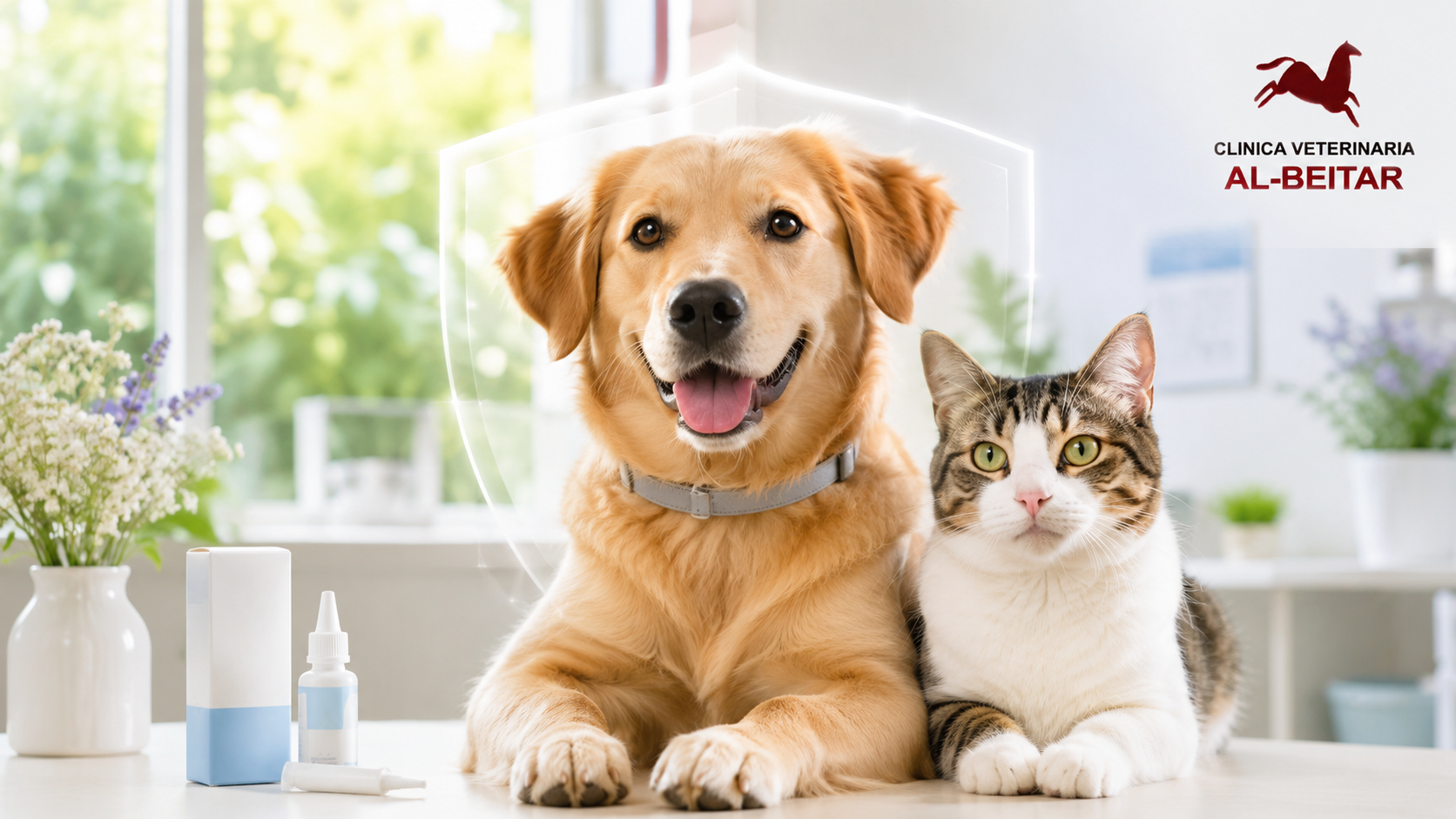 Perro y gato protegidos durante la campaña de desparasitación de junio en Clínica Veterinaria Al-Beitar